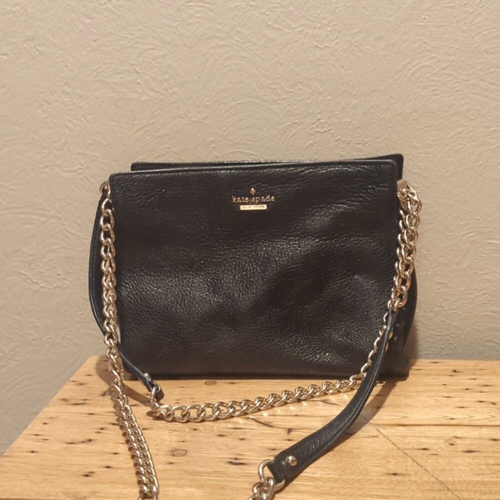 Kate Spade Black Shimmer Pebbled Leather Chain/Leather Strap Shoulder Bag